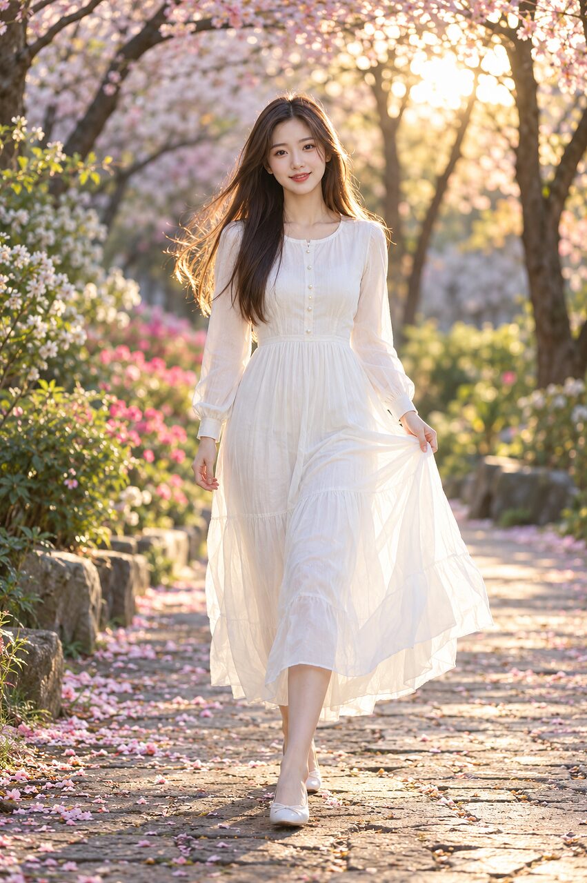 沿着落满花瓣的小路走来，裙摆被风轻轻带起。