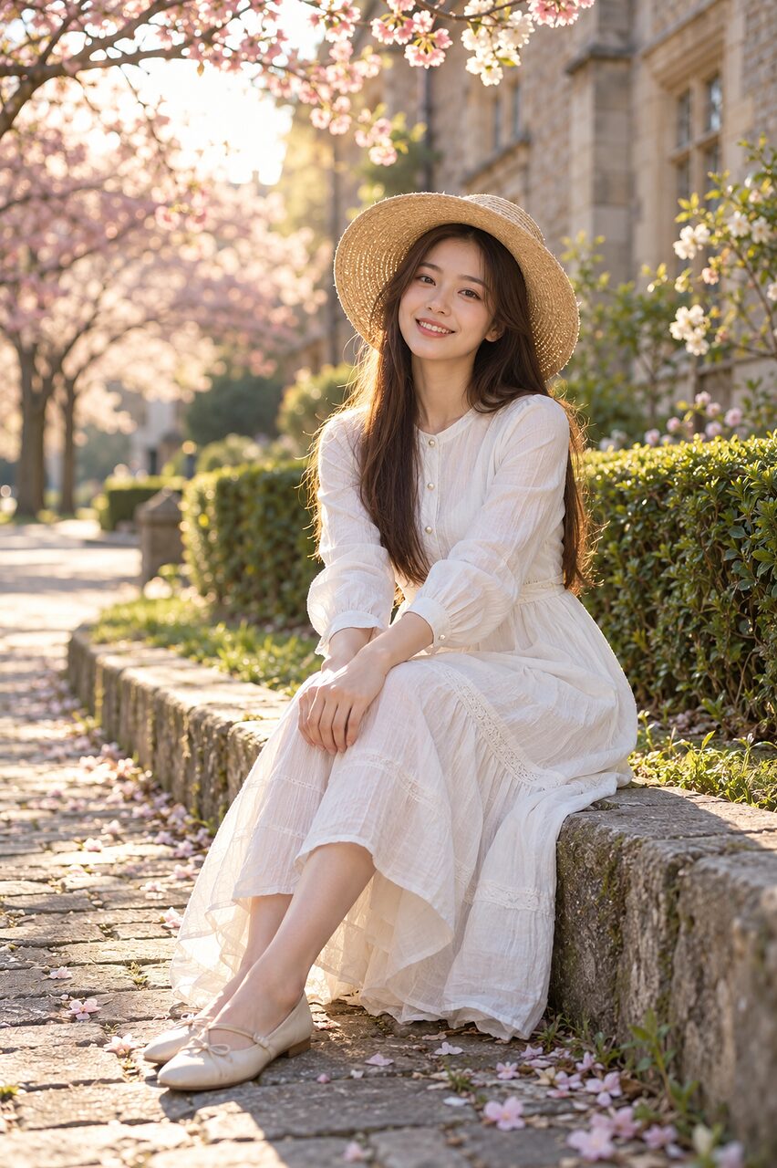 在路边的石阶上坐一会儿，草帽往后推了推。
