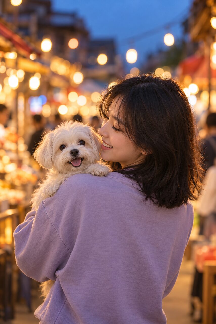 趴在主人肩头的小狗，先一步发现了镜头。