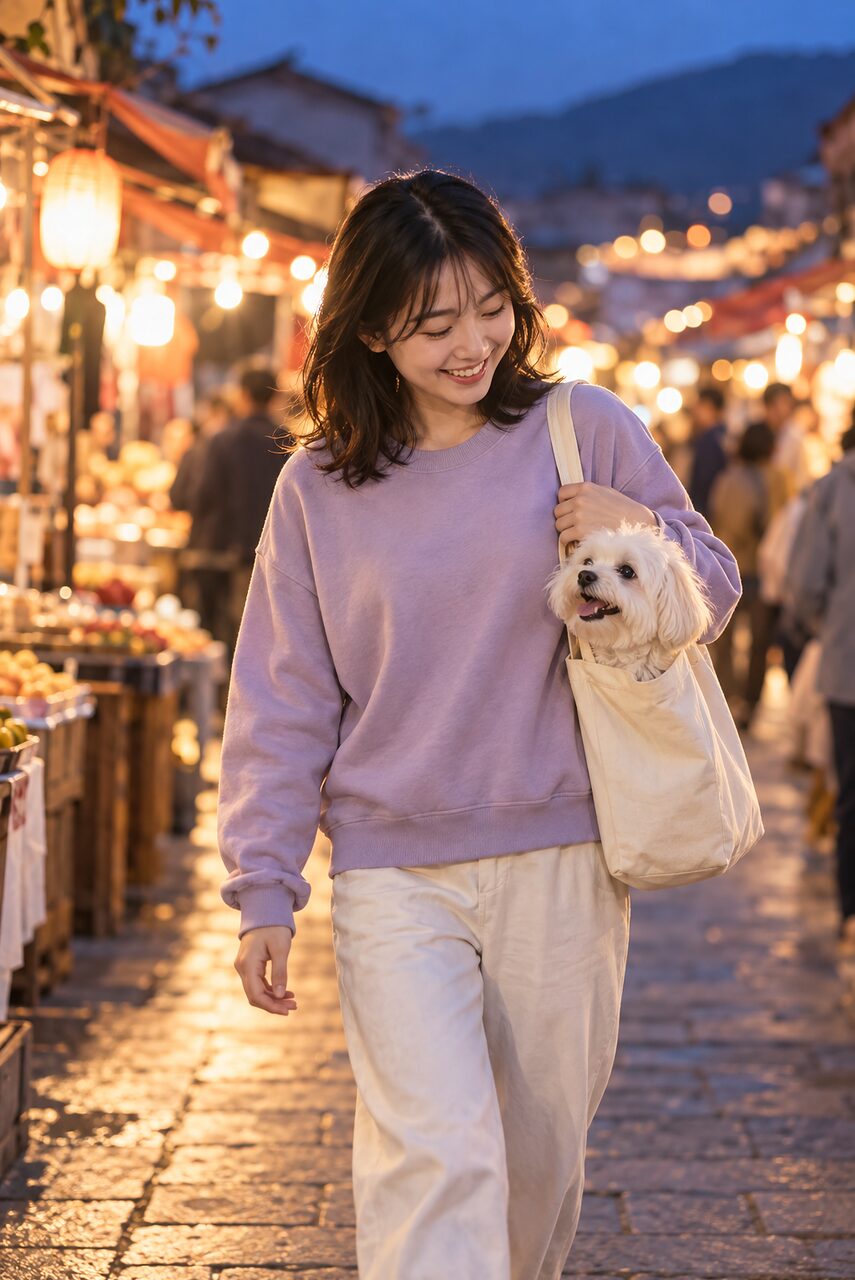 钻进帆布包里逛夜市，只露出一个圆脑袋。