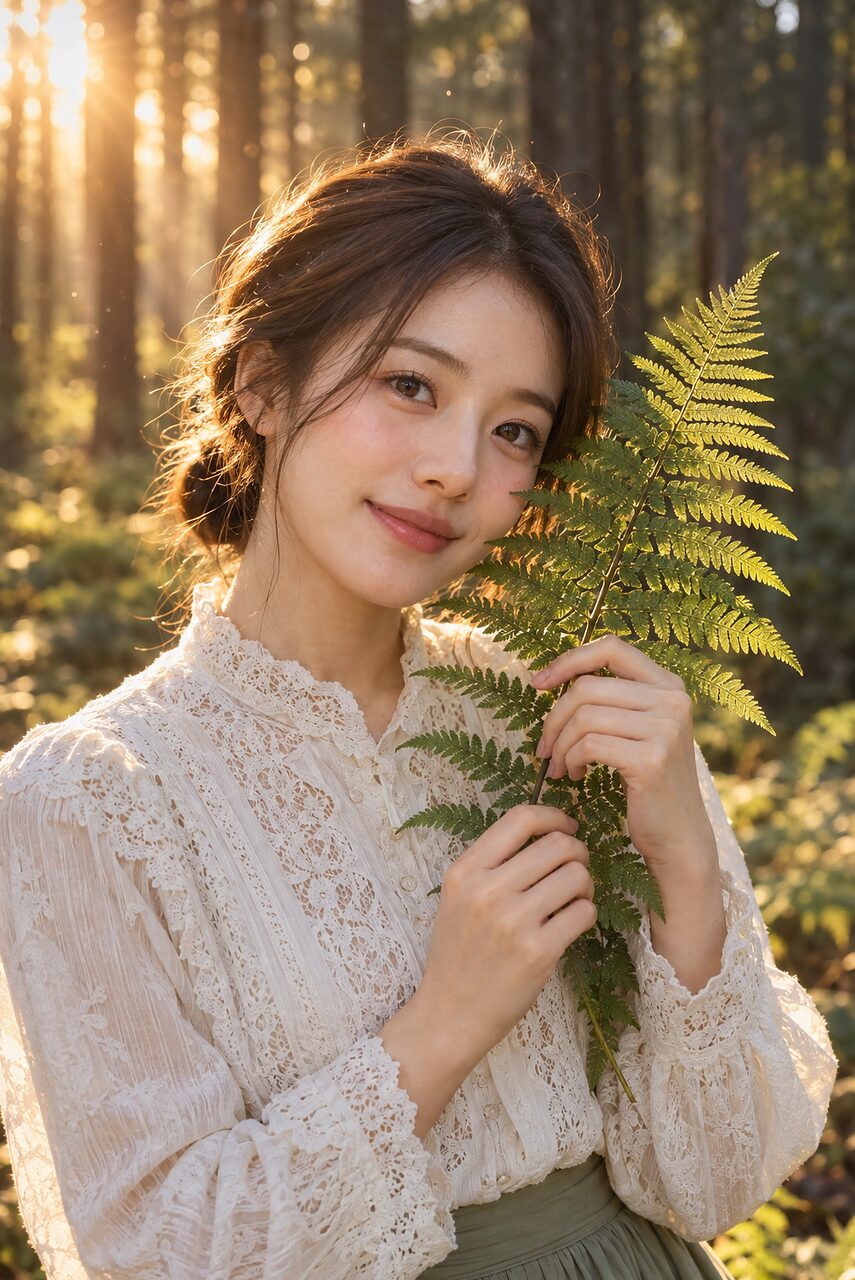 把一片蕨叶举到脸旁，蕾丝衣领上落着树影。