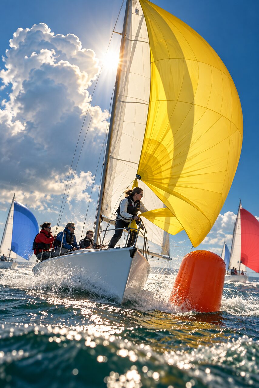 Rounding the mark: the yellow spinnaker has just filled, and the crew at the bow are still clearing the lines.